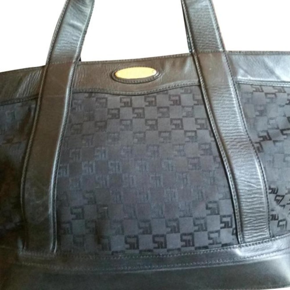 St. John  black Monogram Leather & canvas Tote ,Rare
